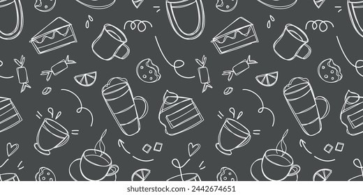 Kaffeetassen mit Kreide auf einem schwarzen Brett gezeichnet. Doodle Kaffee und Desserts nahtlose Muster. Skizze von verschiedenen Tassen Kaffee Doodle Vektor-Illustration. Hintergrund für Cafe Shop, Karte, Banner etc.