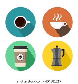Coffee Cups and Espresso Machine Set Of Round Flat Logo Vector Illustration