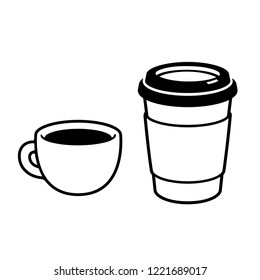 Coffee cups: espresso mug and disposable paper cup. Simple black and white drawing, isolated vector illustration.