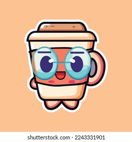 coffee cups With Eyes and Eyeglass on. Cup and glass with faces. Logo, icon, coffee shop, menu design templates. Cute cartoon style characters. Three hand drawn isolated Vector illustrations