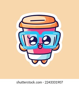 coffee cups With Eyes and Eyeglass on. Cup and glass with faces. Logo, icon, coffee shop, menu design templates. Cute cartoon style characters. Three hand drawn isolated Vector illustrations