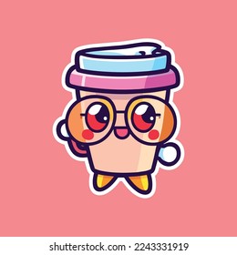 coffee cups With Eyes and Eyeglass on. Cup and glass with faces. Logo, icon, coffee shop, menu design templates. Cute cartoon style characters. Three hand drawn isolated Vector illustrations