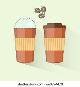 Coffee cups in flat design with coffee beans on top of. 