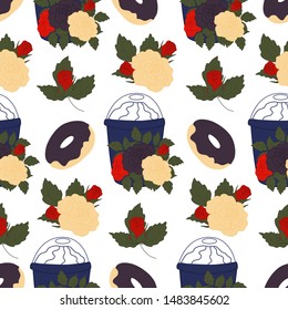 Coffee cups with flowers and donuts, in a seamless pattern design, perfect to use on the web or in print, for surface design