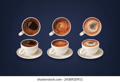 Coffee Cups With Foam, Bubbles And Chocolate Sprinkles. Realistic 3d Vector Porcelain Mugs With Freshly Brewed Espresso