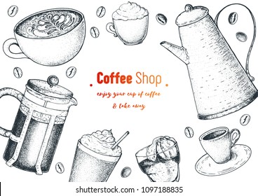  Coffee cups, french press, coffee pot and beans  illustration. Vintage design for coffee shop. Engraved vector illustration.