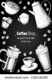 Coffee cups, french press, coffee pot and beans illustration. Vintage design for coffee shop. Engraved vector illustration. Vertical poster.