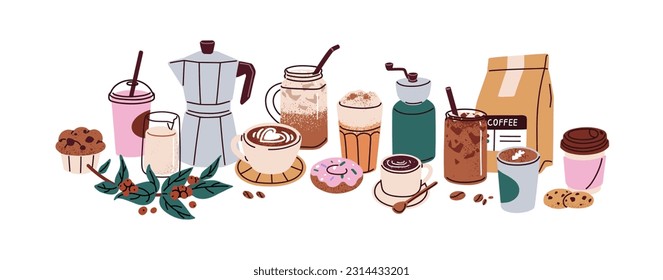 Coffee cups, glasses, cafeteria accessories. Cafe beverages, caffeine drinks, bean grinder, packages, brewing tools, desserts composition. Flat graphic vector illustration isolated on white background