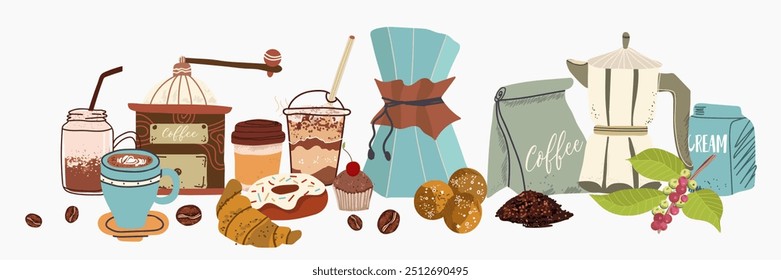 Coffee cups, glasses, cafeteria accessories. Cafe beverages, caffeine drinks, bean grinder, packages, brewing tools. Flat graphic vector illustration isolated on white background