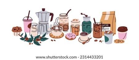Coffee cups, glasses, cafeteria accessories. Cafe beverages, caffeine drinks, bean grinder, packages, brewing tools, desserts composition. Flat graphic vector illustration isolated on white background