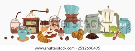 Coffee cups, glasses, cafeteria accessories. Cafe beverages, caffeine drinks, bean grinder, packages, brewing tools. Flat graphic vector illustration isolated on white background