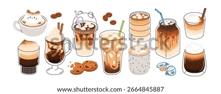 Coffee cups, glasses with cold iced and hot drinks. Caffeine beverages with milk and cream foam, latte art, cute cat topping, cappuccino. Flat vector illustrations isolated on white background