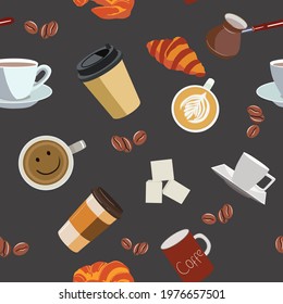 Coffee in cups and glasses. Everything for coffee. Seamless coffee pattern for backgrounds, textiles, and wallpapers