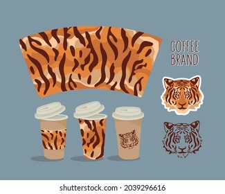 Coffee cups. Coffee to go. Coffee with a tiger pattern. The symbol of the tiger of the New Year 2022. Vector illustration of a tiger portrait.