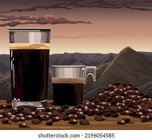 coffee cups and grains landscape scene