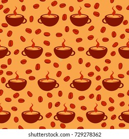 coffee cups and grains on brown background. vector seamless pattern