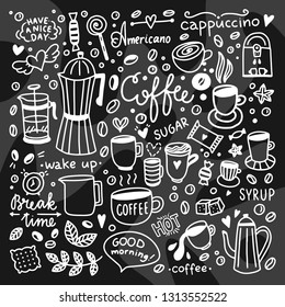 Coffee cups hand drawn illustrations. Vector graphics for cafe: cups, cakes, coffee beans