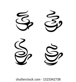 Coffee cups hand drawn set. Curly design elements for cafe, advertising, posters prints. Vector vintage illustration.