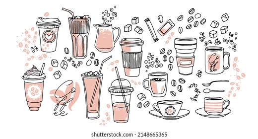 Coffee cups hand drawn vector illustration set. Various cups sketch style drawn collection with sugar, spoons, bubbles and coffee beans. Hand drawn linear graphic assets. - Shutterstock ID 2148665365