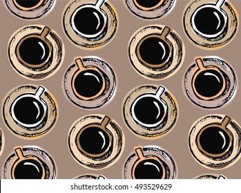 Coffee cups. Hand drawn vector pattern with cup. Vector illustration.