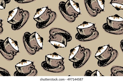 Coffee cups. Hand drawn vector pattern with cup. Vector illustration.