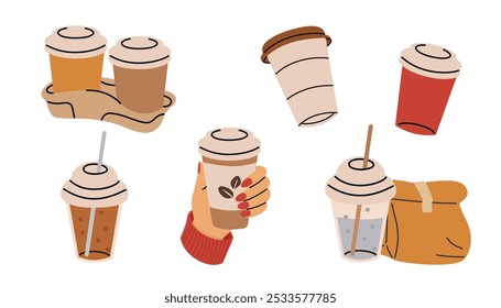 Tazas de café en la mano. Taza de papel. Bebidas para llevar vasos de plástico. Ilustración vectorial en estilo plano.