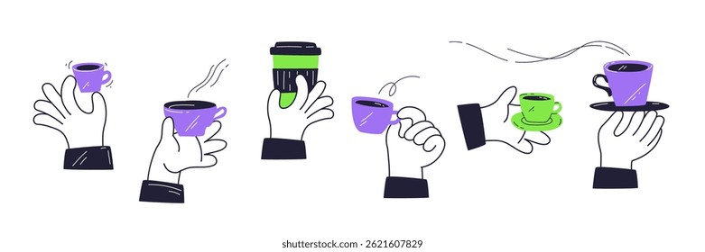 Os copos de café nas mãos transmitem uma interação viva com cores vibrantes. Objetos-chave, copos de café, mãos, vapor. Estilo divertido.