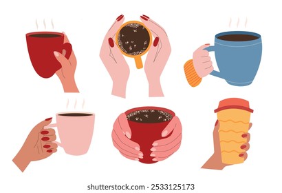 Coffee cups in hands vector flat set. Set of cups with coffee and tea in woman hands