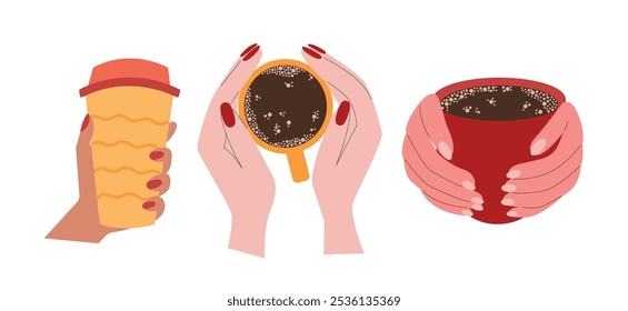 Coffee cups in hands vector flat set. Set of hot cups with coffee and tea in woman hands