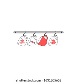 Coffee cups hanging on hooks of kitchen wall.