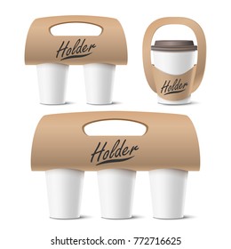 Coffee Cups Holder Set  Vector. Realistic Mockup. Empty Packaging For Carrying. One, Two, Three Cups. Hot Drink. Take Away Cafe Coffee Cups Holder Mockup. Isolated Illustration