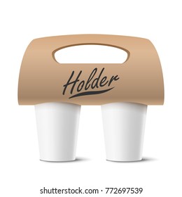 Coffee Cups Holder Vector. Realistic Mockup. Empty Packaging For Carrying. Two Cups. Hot Drink. Take Away Cafe Coffee Cups Holder Mockup. Isolated Illustration
