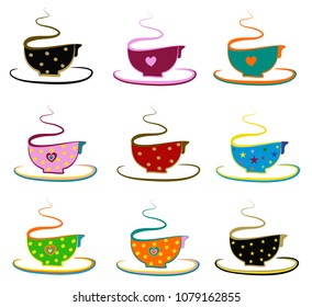 Coffee Cups Hot Colorful Bright Funny Cute Vibrant Set. 