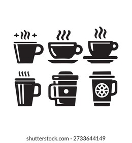 Coffee cups, hot drinks, steam, morning, beverage, mug, takeaway, icons, set, graphic design