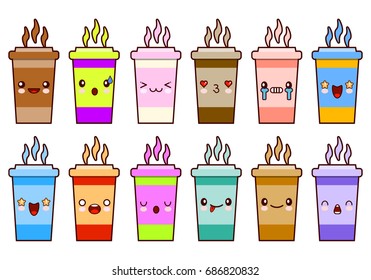 Coffee Cups icon set characters kawaii face emoticons Flat design Vector Illustration