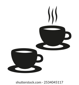 Coffee cups icon. Steaming cup symbol. Black cups with saucers. Vector illustration.