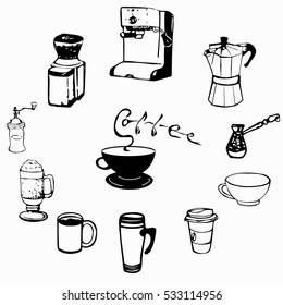 Coffee cups illustration. Hand drawn coffee equipment. Coffee mugs, glasses, machines.