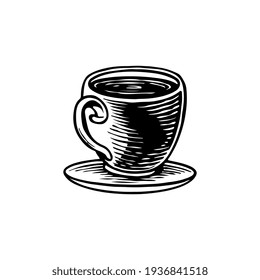 A coffee cups in ink hand drawn style. Vintage drawings of hot beverage. Coffees cup shop concept. Decorative design for cafeteria, posters, banners, cards. Vector sketch illustration