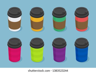 Coffee cups isometric vector icon for web design set