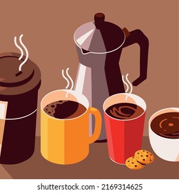 Kaffeetassen und Wasserkocher mit Keksen, isometrisch