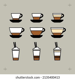 Estilo gráfico vectorial de línea clave de tazas de café