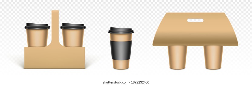 tazas de café en tenedores de papel kraft. Embalaje de cartón para tomar bebidas calientes. Modelación vectorial realista de portaobjetos marrones en blanco para tazas de té desechables con tapas negras