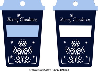 Coffee cups with lace angel and inscription Merry Christmas. Stencil for cutting.