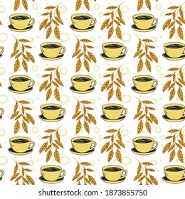 Coffee cups and leaves Vector seamless pattern, white background