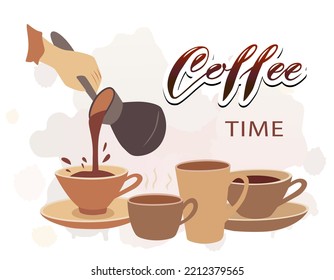 Coffee cups with lettering. Coffee time. Vector illustration hand drawn in doodle style.