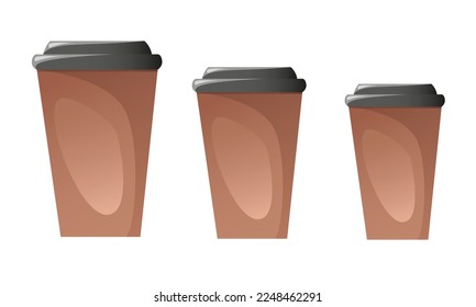 Coffee cups with a lid made of kraft paper. three sizes. Large, medium, small. Vector cartoon realistic set of Coffee Cups. mockup. Takeaway coffee or tea. Paper or Plastic Disposable Packaging.