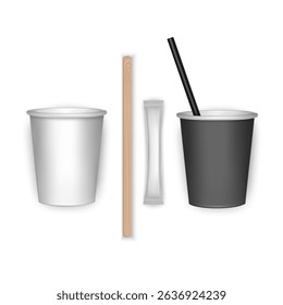 Coffee cups, lids, straws and sugar packets on a transparent background