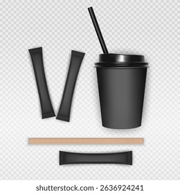 Coffee cups, lids, straws and sugar packets on a transparent background