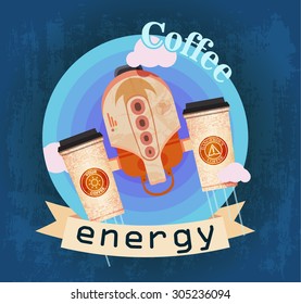 coffee cups like jetpack on a blue and turquoise background