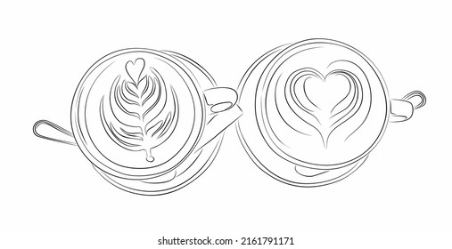 Coffee Cups Line Art. Vector Line Drawing Of Two Cups With Cappuccino Or Latte. Hand Drawn Vector Illustration.